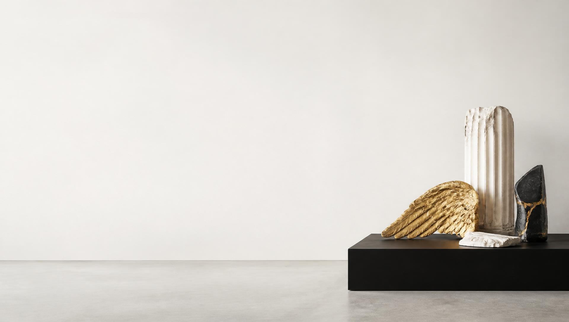 Gilded sculpture fragments displayed in a minimal gallery interior